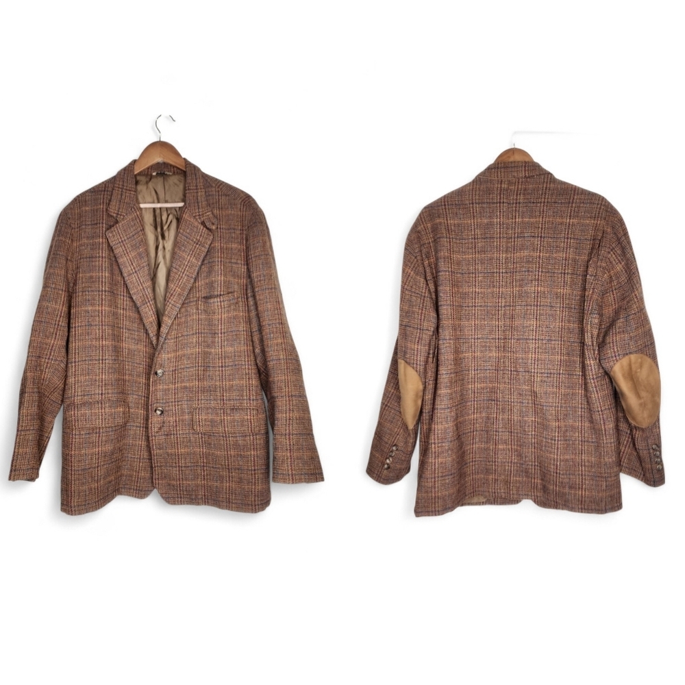 1980s Faconnable Vintage Wool Brown Plaid Blazer Jacket Size XXL